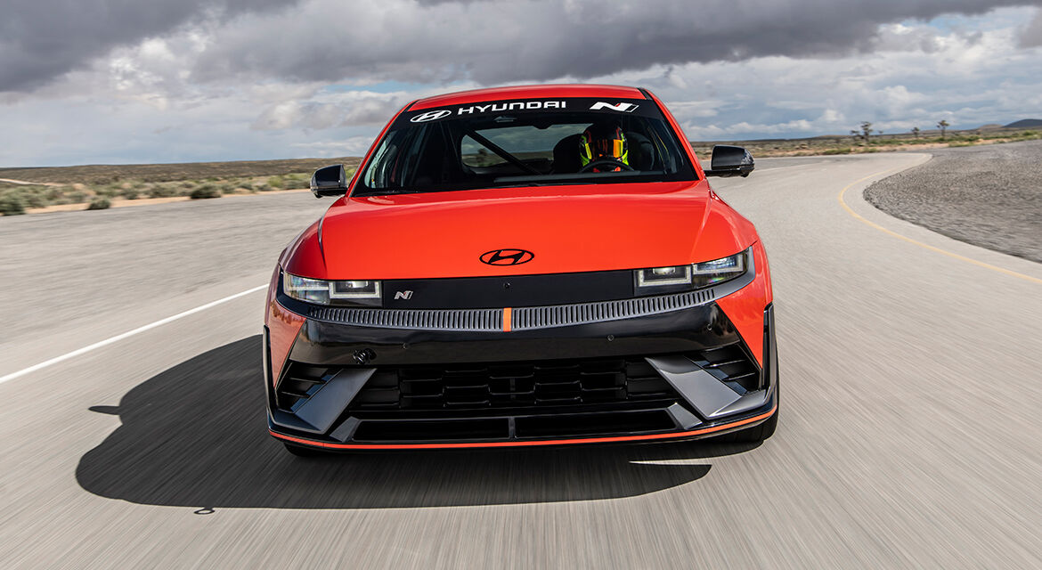 A production Hyundai IONIQ 5 N is being tested for the Pikes Peak International Hill Climb by driver Robin Shute in California City, Calif., on April 5, 2024