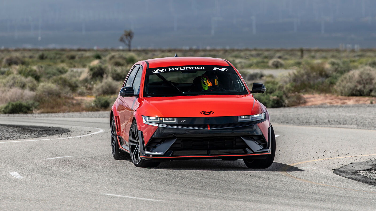 A production Hyundai IONIQ 5 N is being tested for the Pikes Peak International Hill Climb by driver Robin Shute in California City, Calif., on April 5, 2024