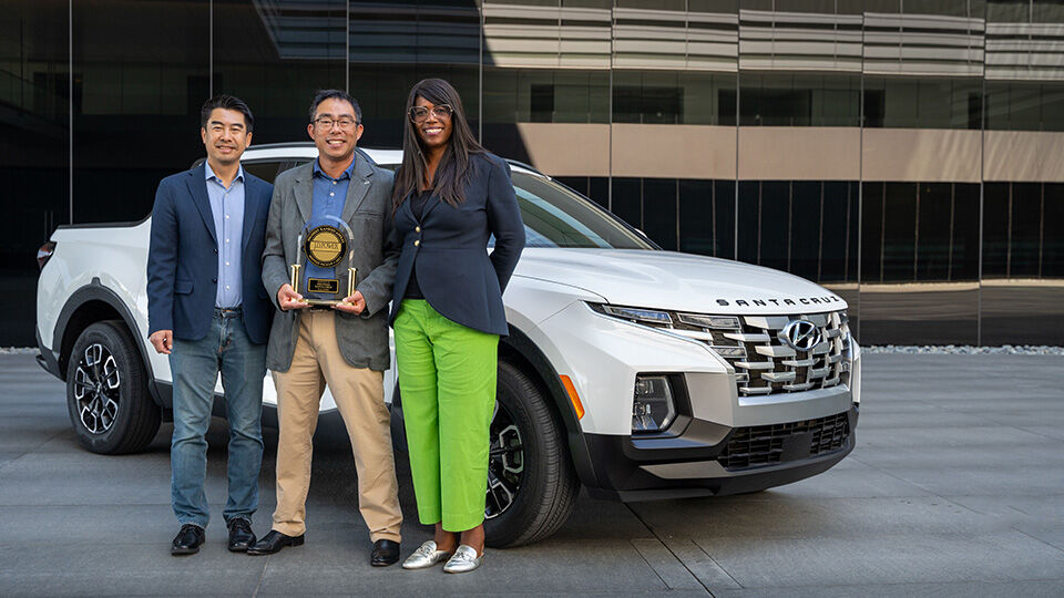Ricky Lao, director, product planning and mobility strategy, Hyundai Motor North America; Trevor Lai, senior manager, product planning, Hyundai Motor North America; and Olabisi Boyle, vice president, product planning and mobility strategy, Hyundai Motor North America accept the J.D. Power APEAL trophy for the Hyundai Santa Cruz in Fountain Valley, Calif., July 20, 2023. 