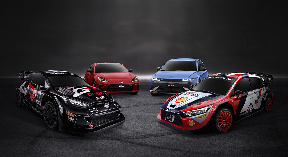 (From left) Toyota GR YARIS Rally 1 Hybrid, Toyota GR86, Hyundai IONIQ 5 N, Hyundai i20 N Rally 1 Hybrid